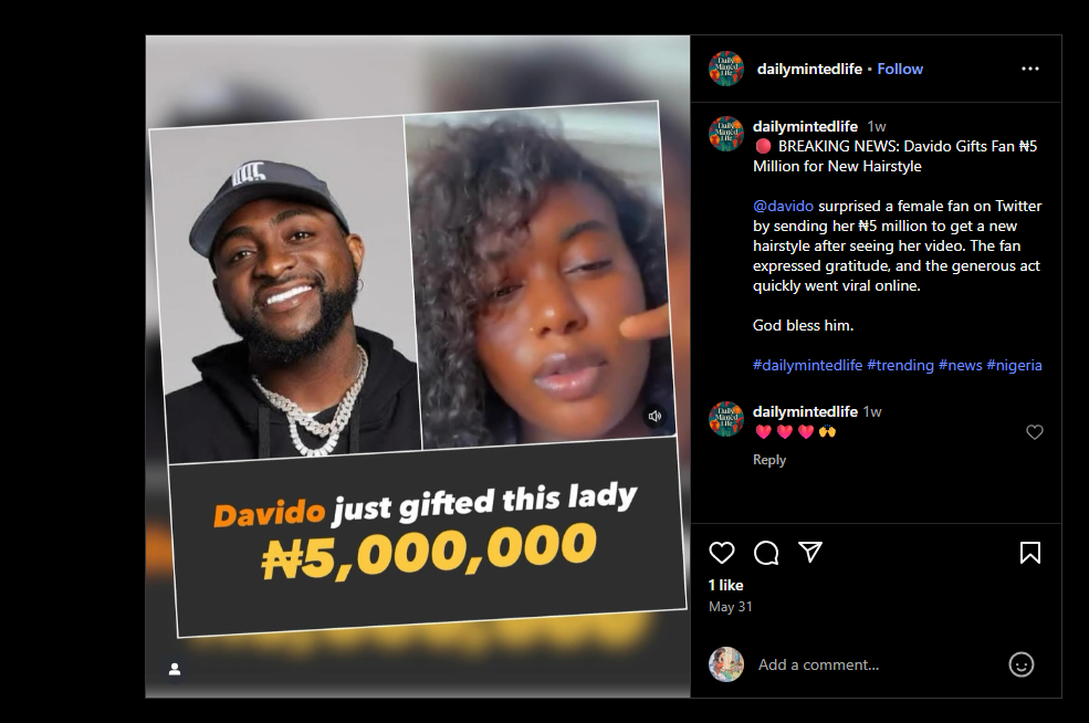davido Gave ₦5 million to a fan for a haircut