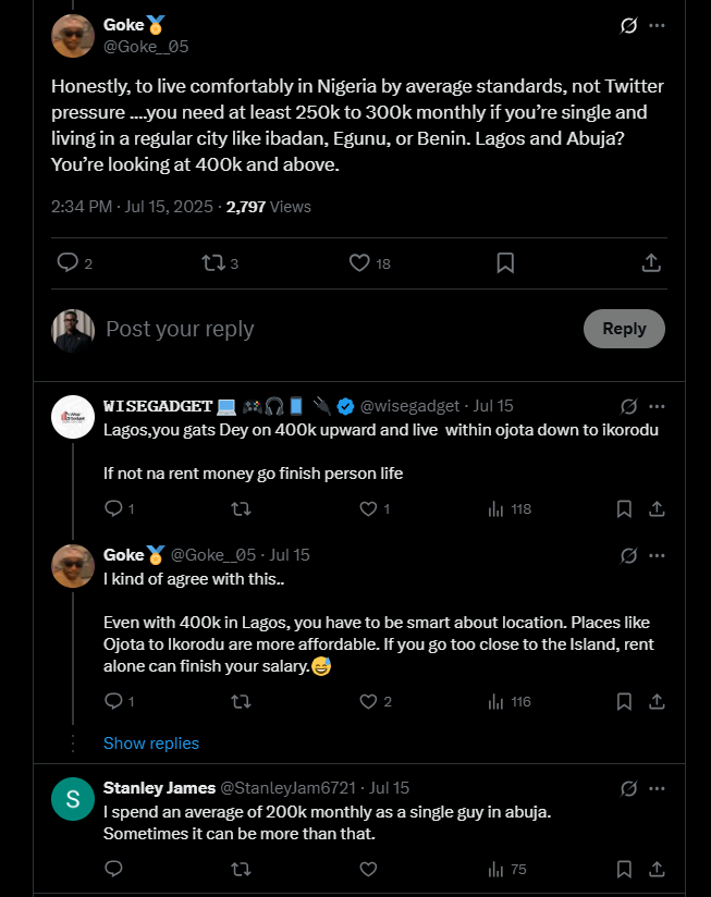 @Goke__05 on X says you need ₦400,000+ in Lagos or Abuja to live “averagely.”