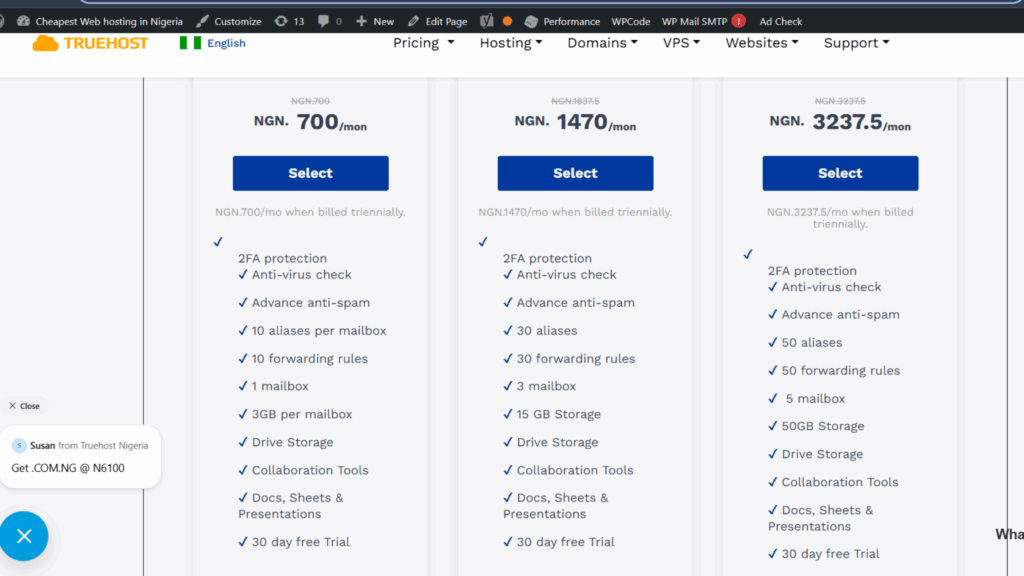 Truehost business email hosting plans