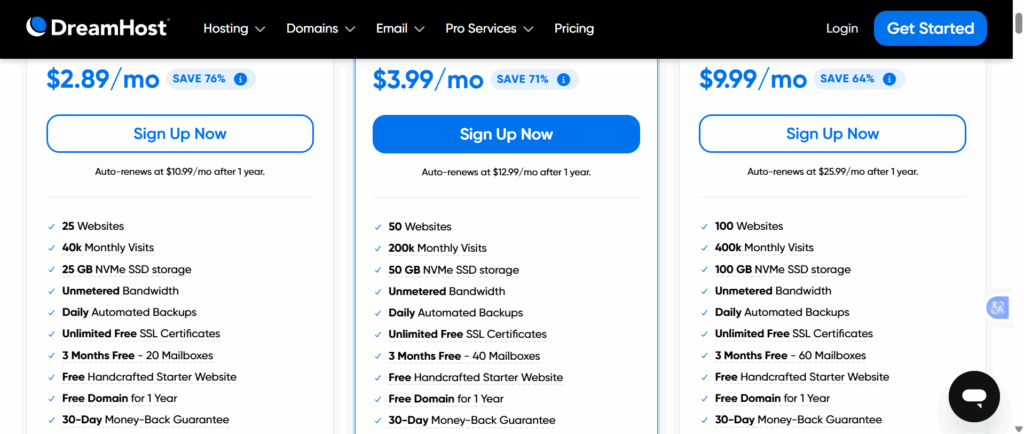 Best Unlimited Web Hosting Plans with No Hidden Limits 5 a screenshot of Dreamhost plans