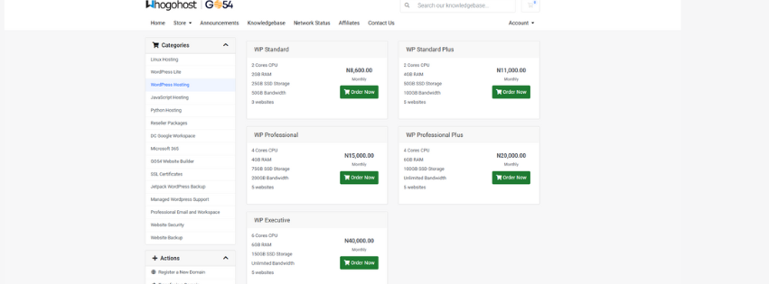 a screenshot of the wegohost web hosting plans