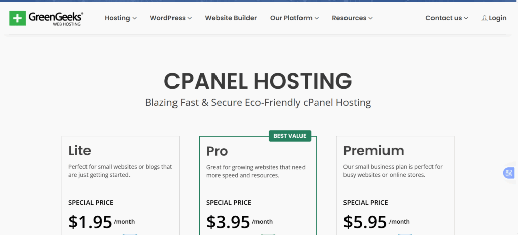 10 Best cPanel Hosting Providers: 2026 Rankings 4 a screenshot of GreenGeeks cPanel hosting page