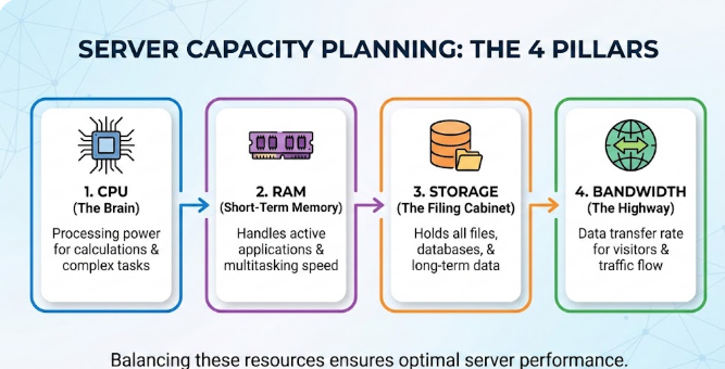 Server Capacity Planning Guide 2026 1 an image of four core areas of server capacity