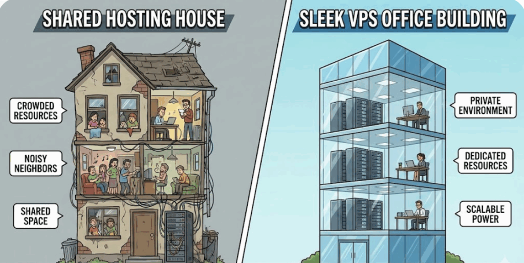 VPS for Business: Scale Your Company in 2026 1 an image of shared hosting vs vps in terms of building