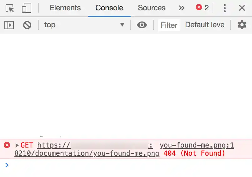 Chrome DevTools with a red 404 error in Network tab and a red error message in Console tab.