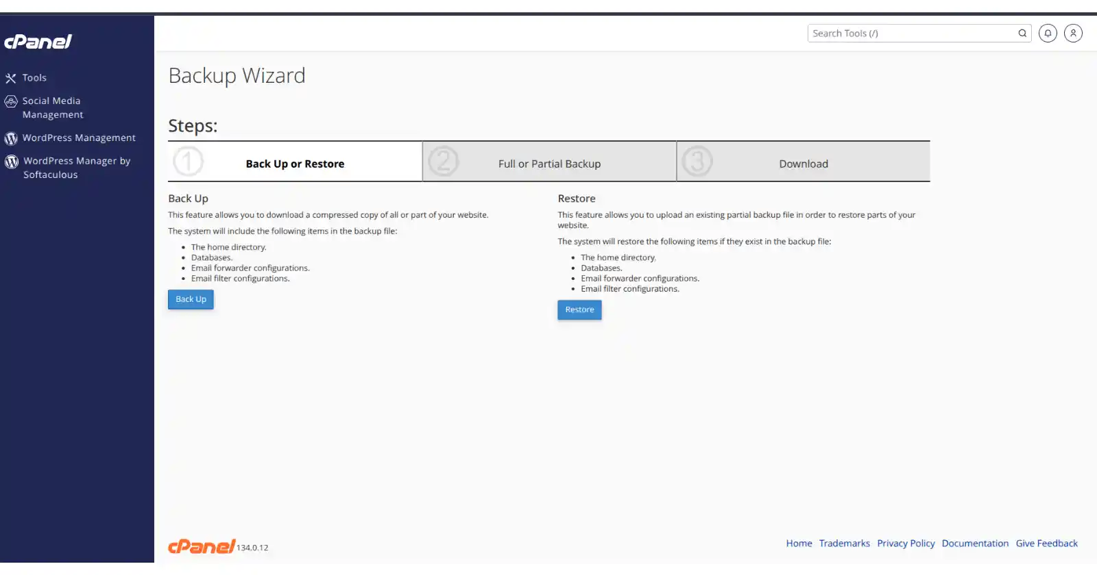 Partial and full backup selection screen