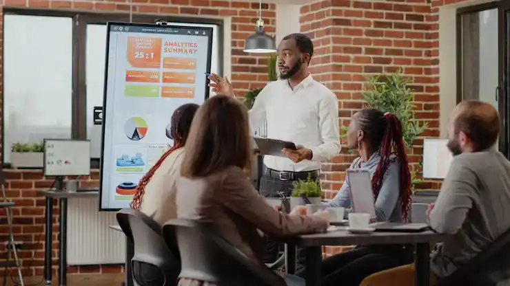Whiteboard with workflow mapping, or a consultant meeting with clients 