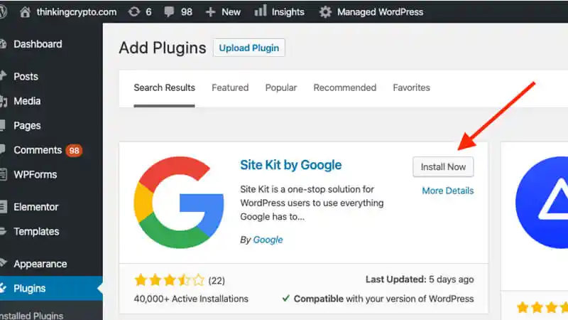WordPress dashboard, Site Kit plugin by Google