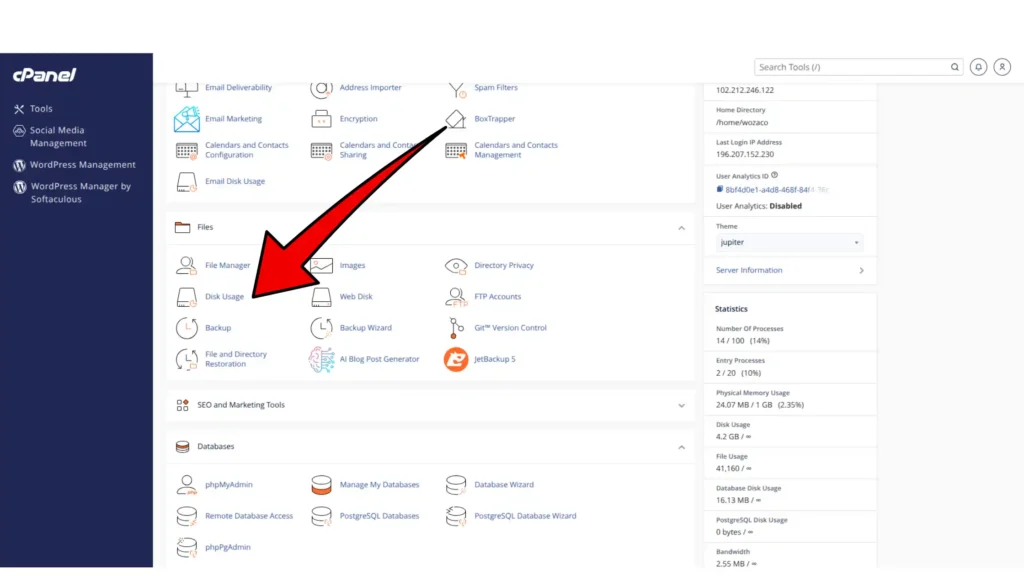 Website Storage Limits and How to Manage Them 3 cPanel Files section with “Disk Usage” highlighted and a mouse cursor pointing to it.