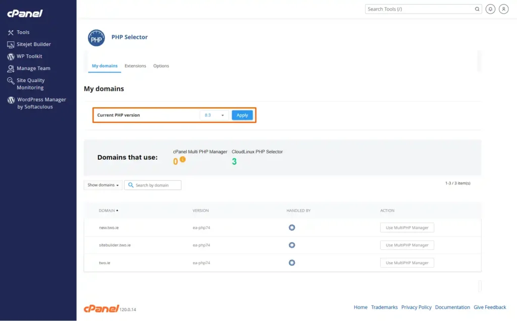 cPanel dashboard with PHP version selector