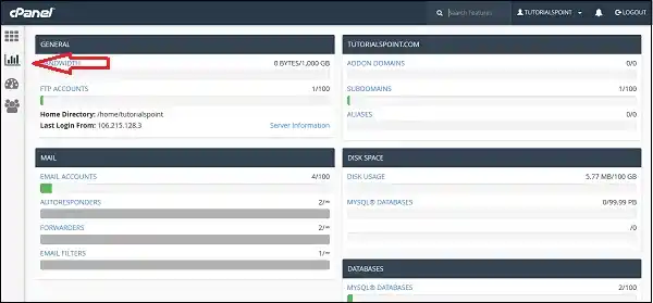 Website Storage Limits and How to Manage Them 2 cPanel dashboard with the right‑hand statistics sidebar showing storage