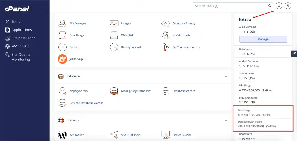 Website Storage Limits and How to Manage Them 5 cPanel statistics sidebar with “File Usage” highlighted