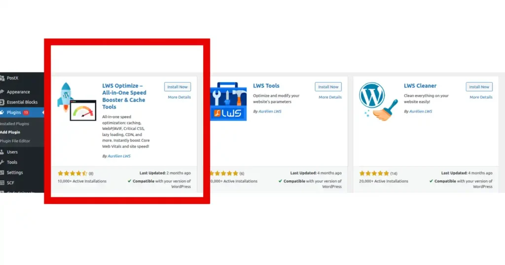 Top WordPress Plugins That Improve Website Speed on Any Hosting Server 4 screenshot of LWS Optimize plugin on wordpress plugin search
