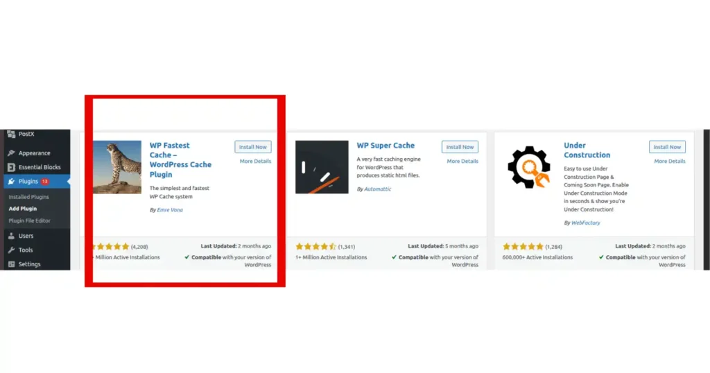 Top WordPress Plugins That Improve Website Speed on Any Hosting Server 7 screenshot of WP fastest Cache plugin on wordpress plugin search