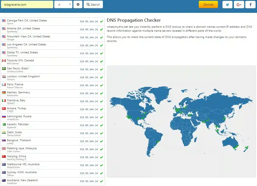 whatsmydns.net screenshot showing green checkmarks from global locations.