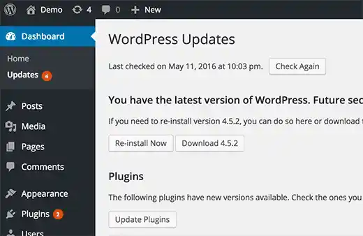 wordpress updates screen showing plugins list with update links