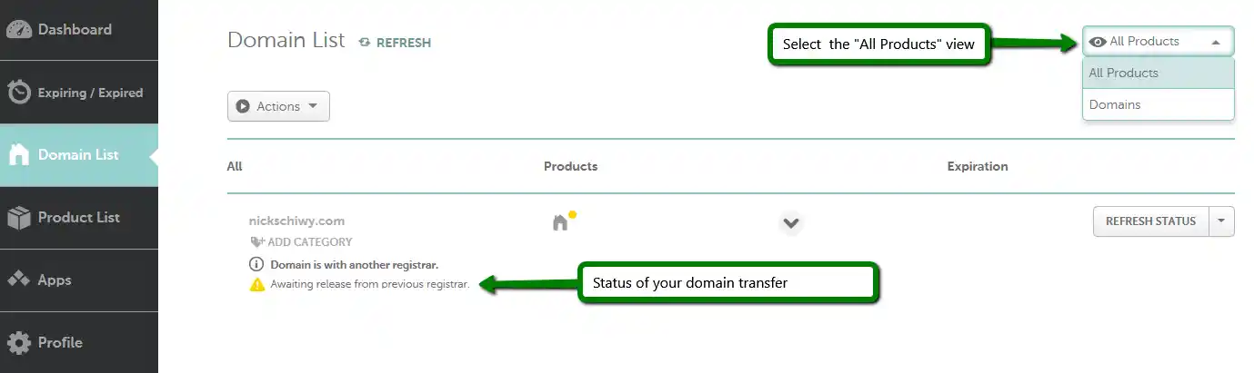 How To Transfer a Domain from DomainKing to Truehost 4 Dashboard status showing domain "Transfer Pending"