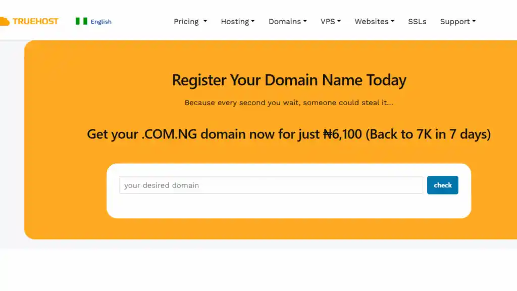 What is a .ng Domain? Everything You Need to Know 3 Screenshot of Truehost homepage with the domain search bar circled or highlighted.