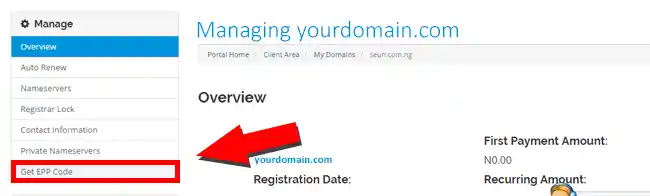 How To Transfer a Domain from DomainKing to Truehost 2 Screenshot of "Get EPP Code" button or menu option in DomainKing control panel.