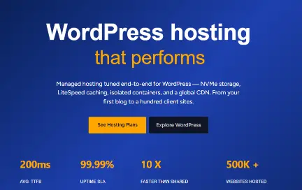 Image showing a blue interface written WordPress hosting with two call to action buttons for pricing and plans option.