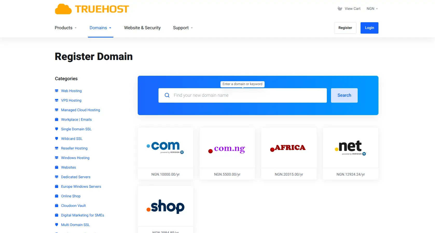 to register a .com domain start with searching the domain on truehost 