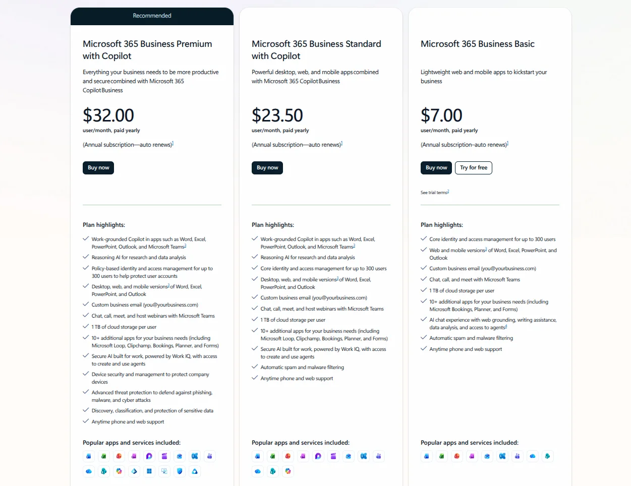 microsoft email cost: business plans