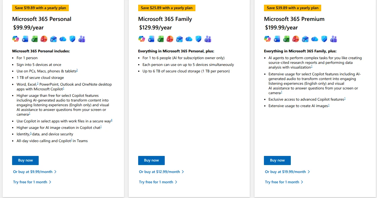 microsoft email cost: personal plans