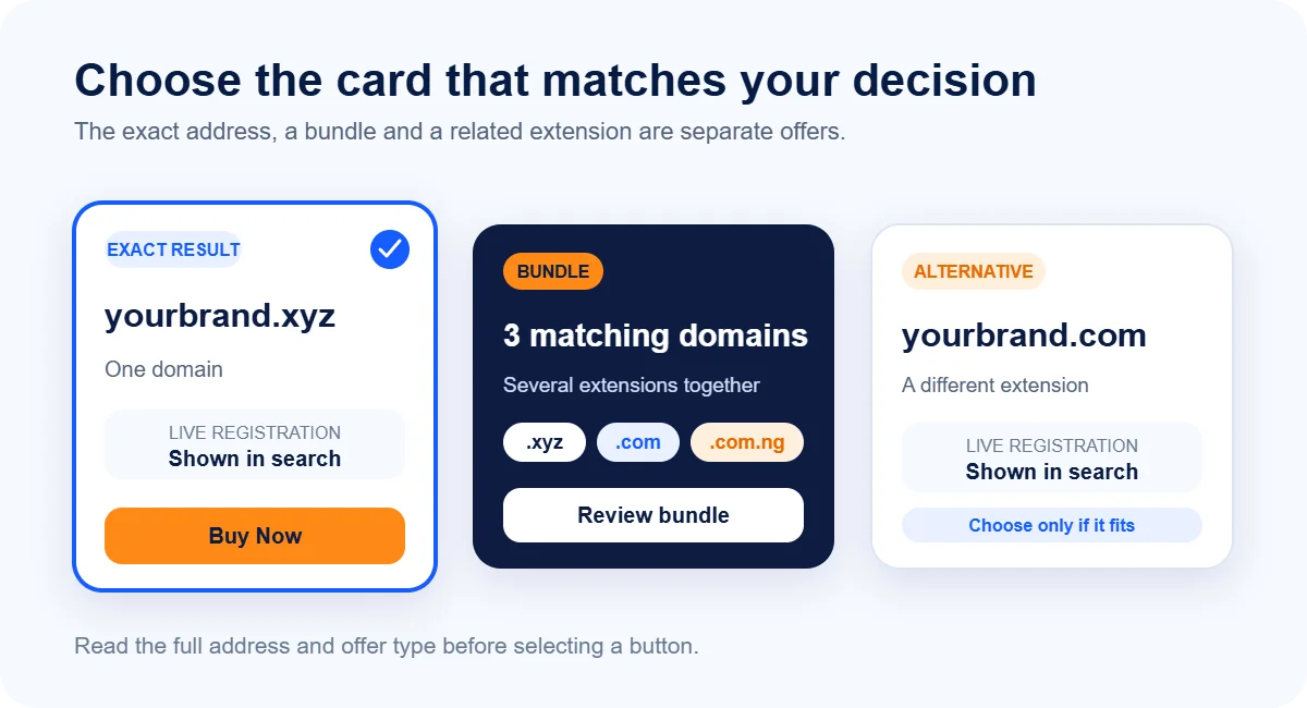 Domain results showing the exact address, a matching bundle and an alternative extension