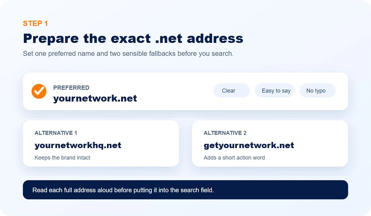 Preferred .net address with two brand-consistent alternatives