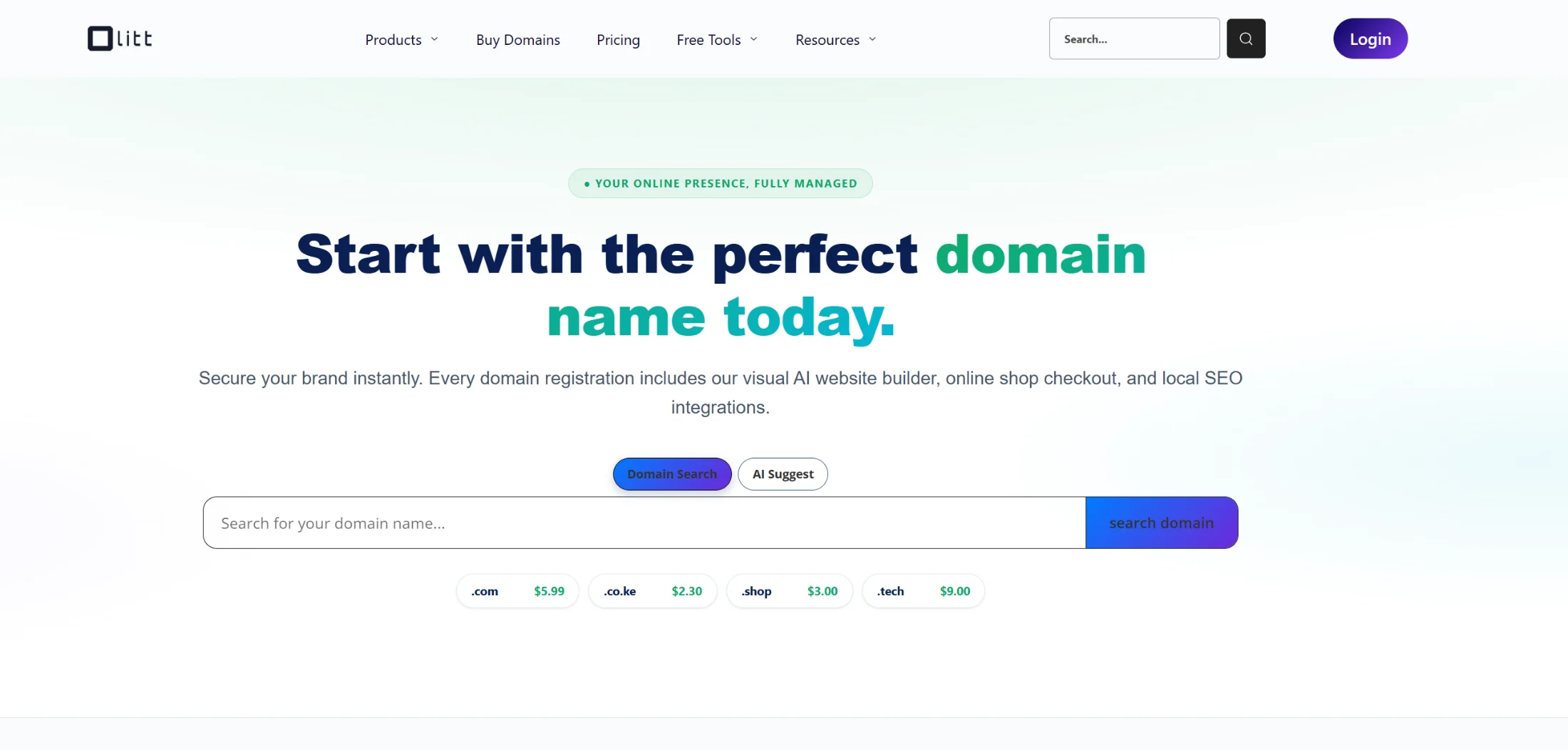 Domain name registration interface A domain registration website interface with a search bar