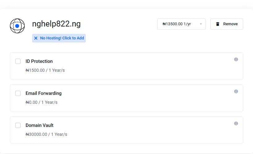 How to Register a .ng Domain in Nigeria 2 Truehost .ng configuration showing the term selector and optional services