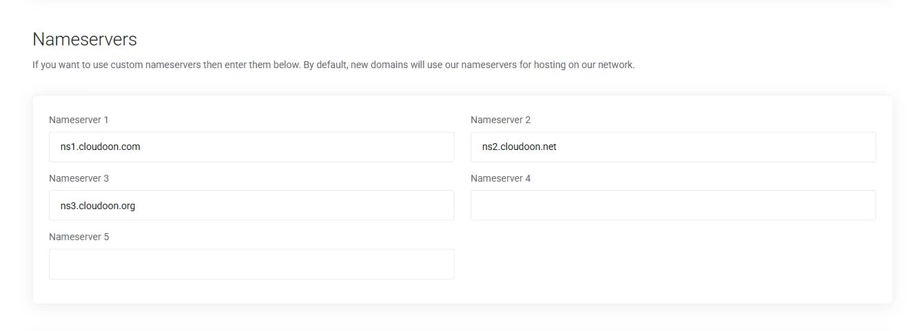 Truehost domain configuration showing the complete nameserver section