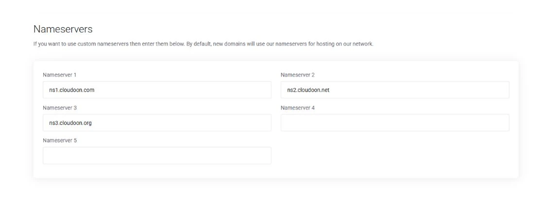 Truehost domain configuration showing the default Cloudoon nameservers
