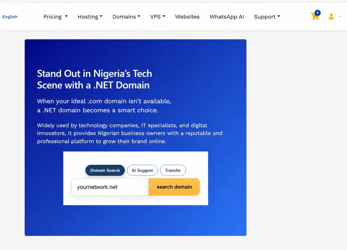 Truehost .NET Domain page with yournetwork.net in the search field
