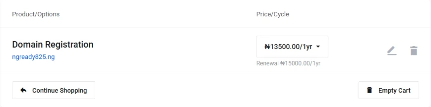 Truehost checkout showing the tested .ng domain and renewal line
