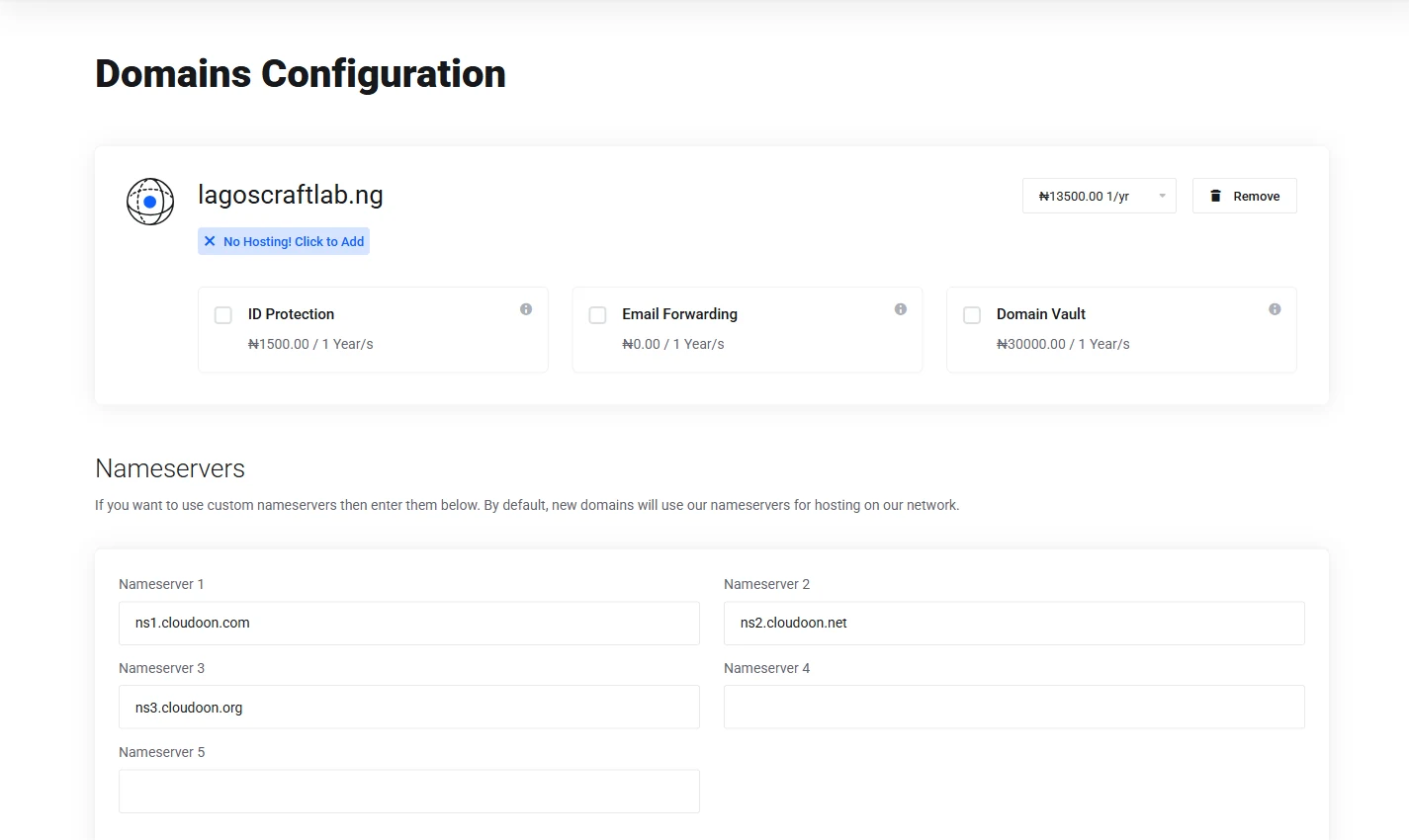 Truehost configuration page for lagoscraftlab.ng