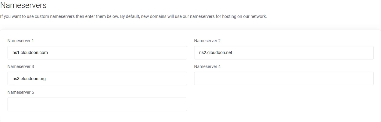 Truehost configuration showing the default Cloudoon nameservers