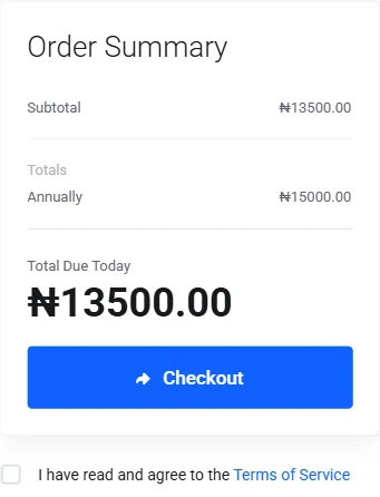 Truehost order summary with terms checkbox and Checkout button
