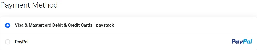 Truehost checkout payment choices showing Paystack and PayPal