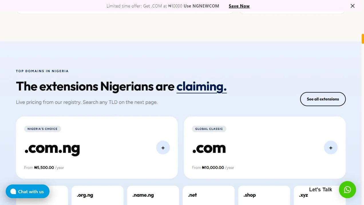 Truehost Nigeria homepage domain discovery section