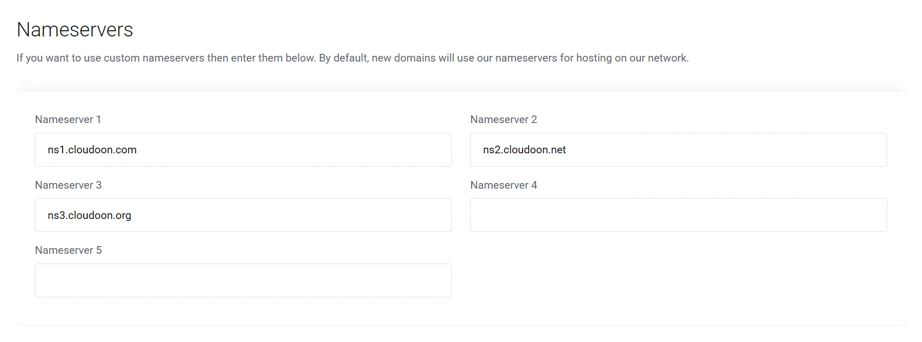 Truehost domain configuration showing the complete nameserver fields