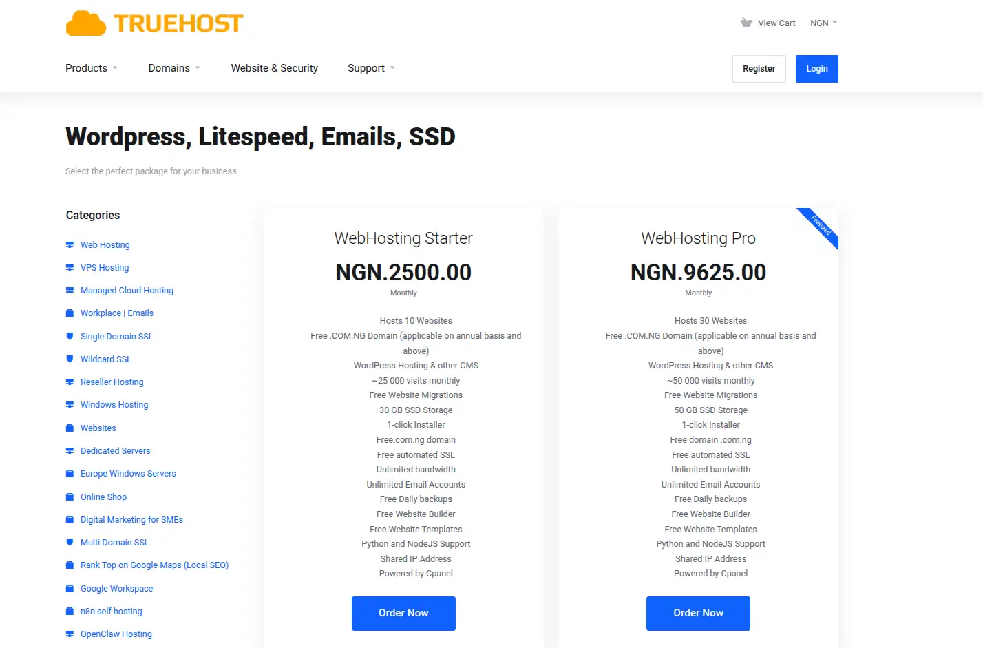 Best Hosting Plan for a WordPress Website in Nigeria 1 truehost wordpress hosting plans 2026