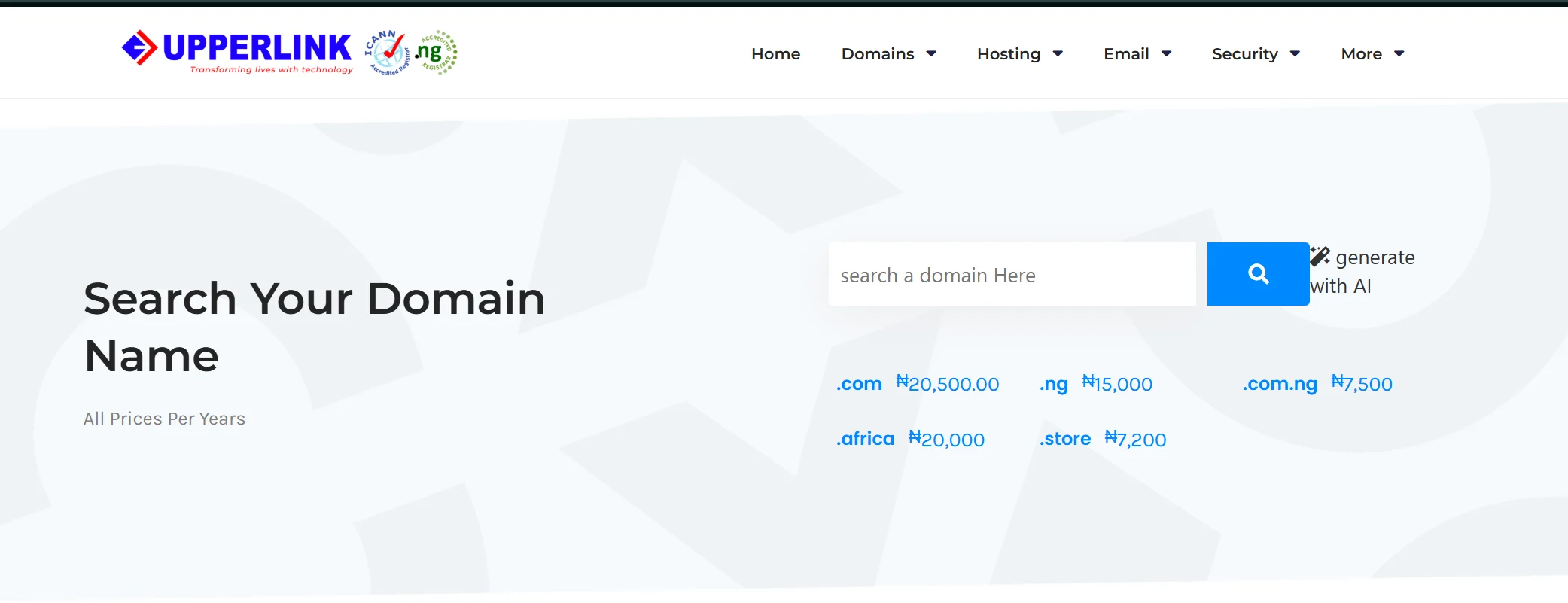Domain search on Upperlink A web interface displaying domain search options and prices.